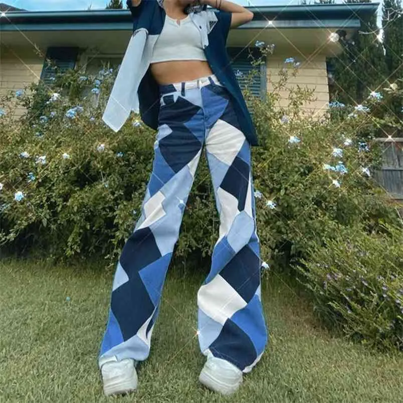 Argyle Print Y2k Damenmode Wide Leg Jeans für Mädchen Übergröße Vintage Plaid Denim Hosen Hohe Taille Hose weiblich 210510