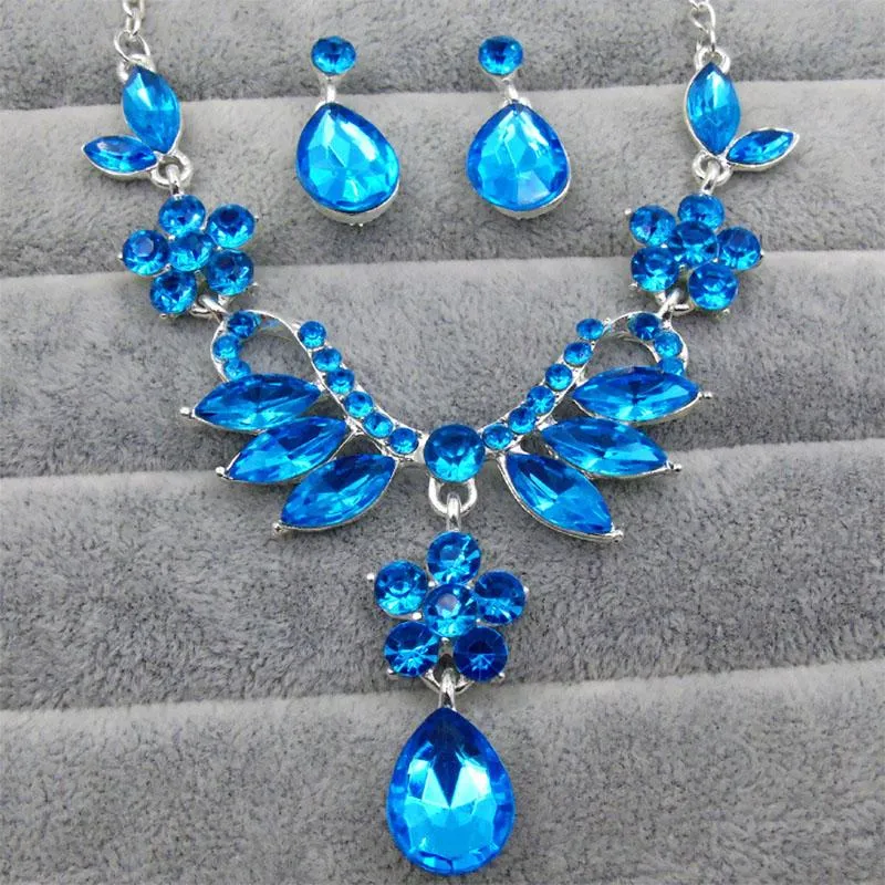 Oorbellen ketting bruid legering diamant drop neckle earring set bruiloft accessoires sieraden blauw paars aankleden gepersonaliseerde temperament LA