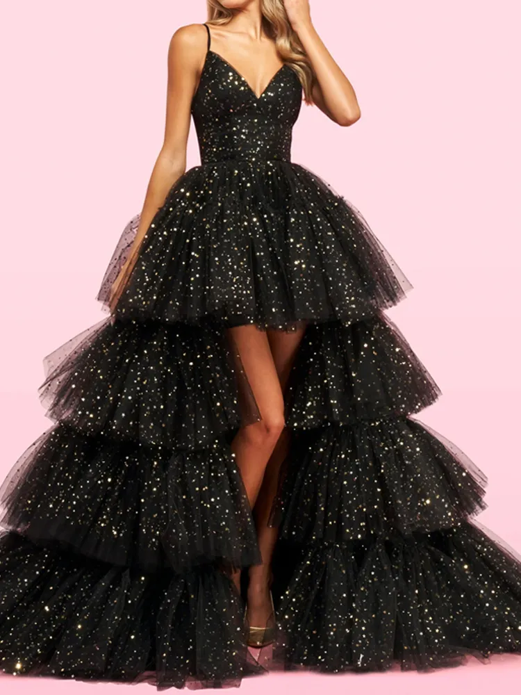 Sparkly Tulle High Low Evening Dresses Tiered Skirt Puffy A Line Prom Party Wear 2022 Homecoming Graduation Special Occasion Gowns Brithday Party Sweet 16 Dress