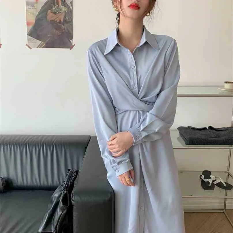 Spring Solid Turn Down Collar Elegant Office Lady Streetwear French Women All Match Long Dresses Vestidos 210525