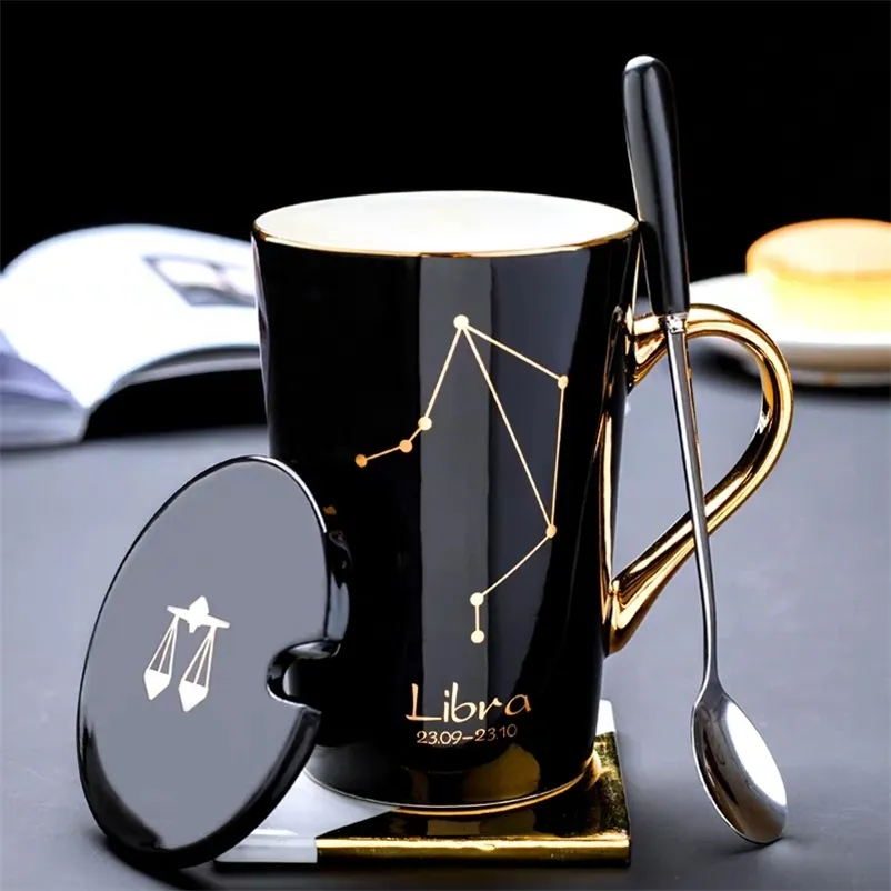 Tasses en céramique 12 Constellations Verre créatif avec couvercle cuillère Noir et or Porcelaine Zodiac Milk Coffee Cup Drinkware 210804