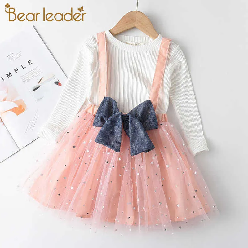 Urso líder meninas suspensas festa vestido outono crianças trajes casuais crianças bow-knot vestidos moda bebê roupa 3-7Y 210708