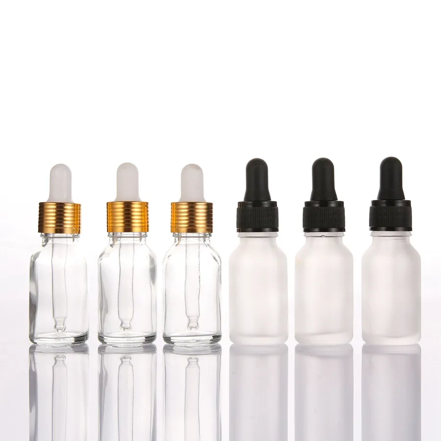 30-ml-Flaschen mit schwarzem Schraubverschluss, klar gefrostet, für Original-Flüssigkeitskosmetikverpackung mit Glastropfer und Gummideckel RRD5986