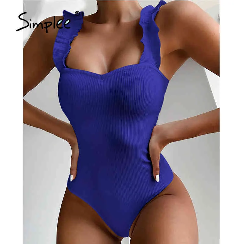 Solider weißer Badeanzug, einteiliger Monokini, Rüschen-Badebekleidung, Damenbadeanzug, Badeanzug, sexy, hoch geschnittener Bodysuit-Bikini 210414