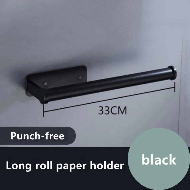 Space Aluminum Punch-Free Toilet Paper Holder Wall-Mounted Bathroom Kitchen Roll Holder Paper Towel Hook Modern Black Hanger 210705