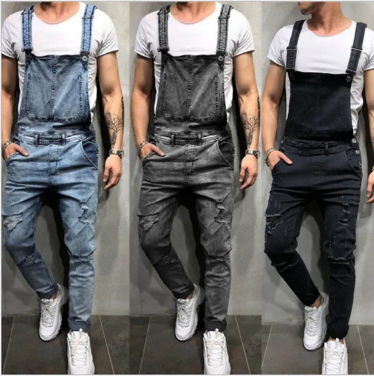 Herenjeans scheurden jumpsuits streetwear noodlijdende denim slabbibels voor man fashion suspender broek maat grootte