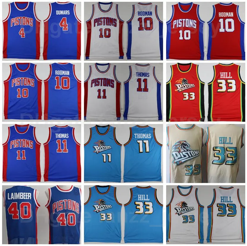 Retro Basket Vintage 33 Grant Hill Jersey 11 Isiah Thomas 40 Bill Laimbeer 10 Dennis Rodman 4 Joe Dumars Blå Vit Röd Beige