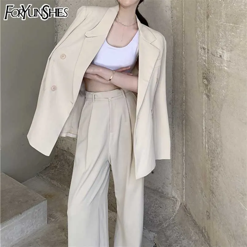 FORYUNSHES 2 Stuk Set ZA Dames Blazer Jas Ensemble Casual Wide Leg Straight Pant Suit Ensemble Vrouwelijke Kleding Broek Sets 211007