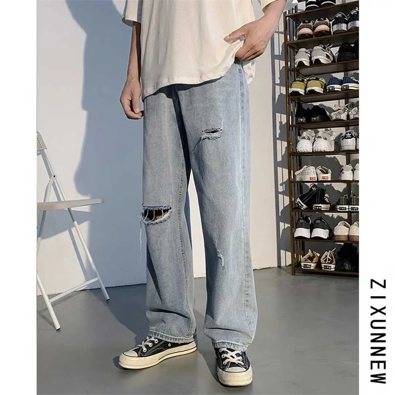 ripped jeans for men hombre men's summer loose straight high street pants Korean Trend s hip hop streetwear 211111