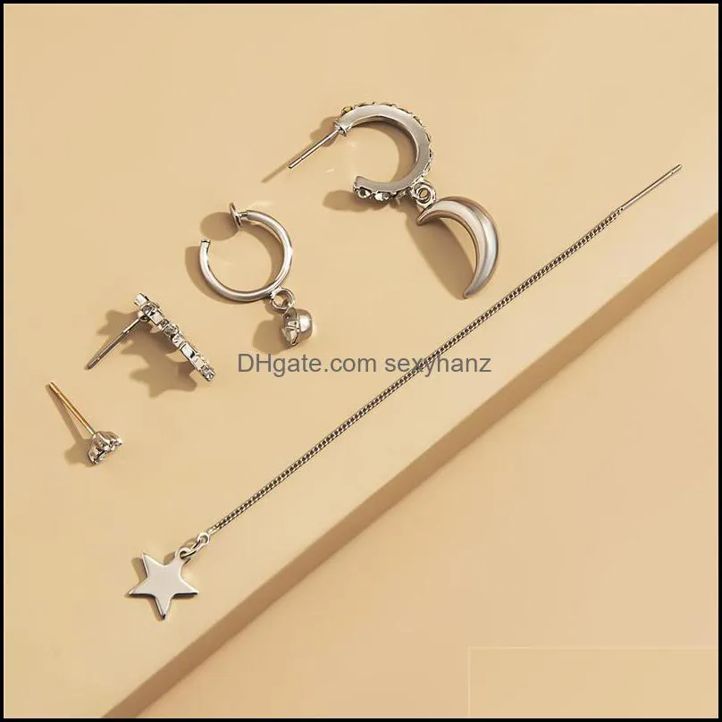 European Crystal Star Moon Stud Earrings Alloy C-shaped Long Tassel Line Ear Buckle Women Retro Diamond Gold Silver Jewelry Sets