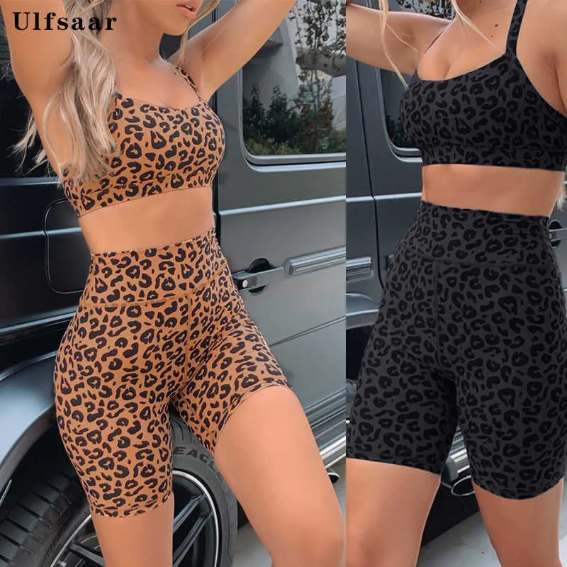 Kvinnor sömlöst leopardtryck set fitness sport bh cyklist shorts gym kostym 2 stycke träning kläder leopard löpning sport slitage y0702