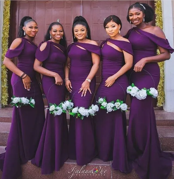 2022 African Mermaid Dessy Group Bridesmaid Dresses with Grape One Shoulder and Sweep Train - Perfect for Wedding Parties and Special Occasions