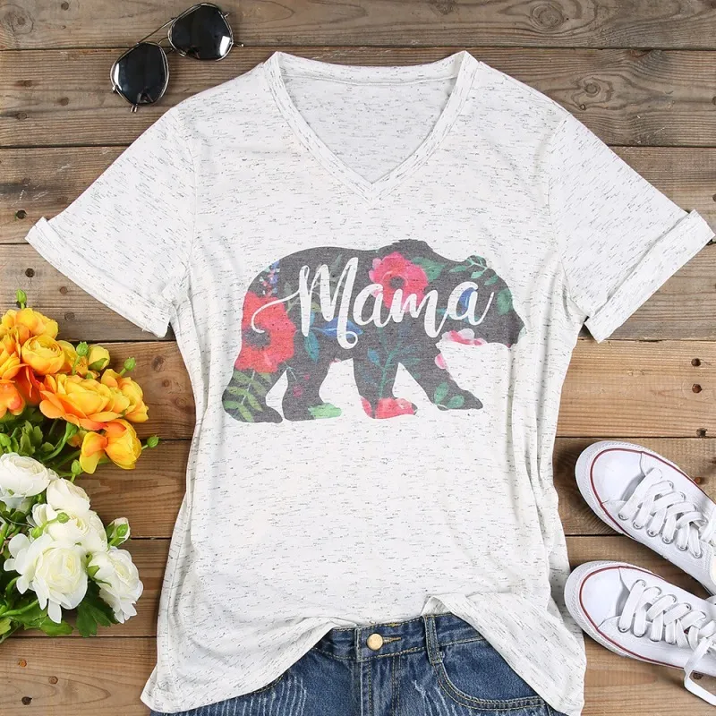 Plus Taille T-shirt Femmes V Cou À Manches Courtes Été Floral Maman Ours T-shirt Casual Femme Tee Dames Tops Mode T-shirt 3XL 210518