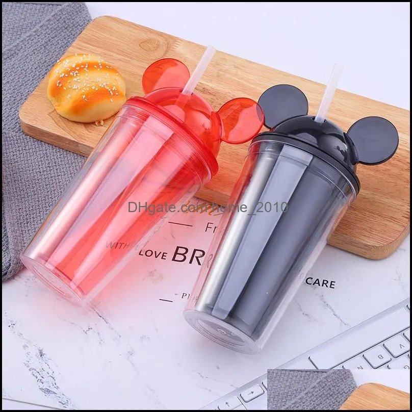 450ML Tumblers cute mouse ears plastic double wall transparent ice water bottle tumbler cup juice summer drink coffee straw bottles