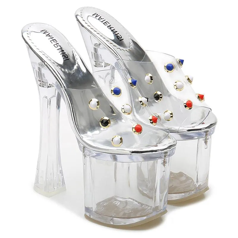 Pantofole 2021 Discoteca Scarpe con tacco alto Tacchi trasparenti Sandali da sposa Oro blu Taglie forti 34-41