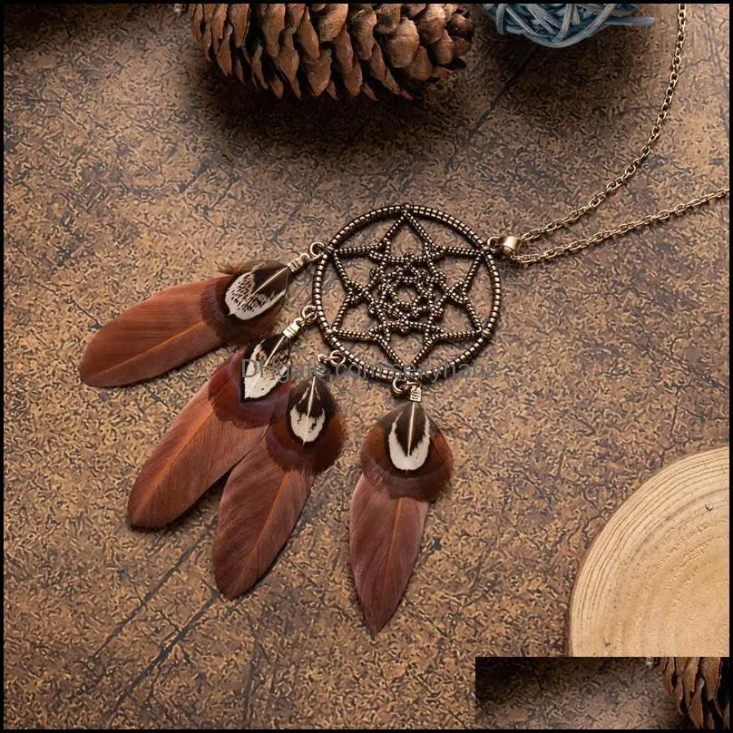 Ethnic Long Black Brown Feather Leather Chain Necklaces for Women Girls Vintage Dream Catcher Pendants Sweater Necklace Jewelry1