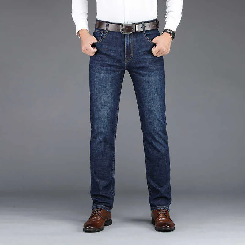 Henchiry Męskie Business Casual Elastyczne Dżinsy Luźna Moda Oddychająca Nie Pilling Długość Spodnie Pokaż cienkie Proste spodnie X0621