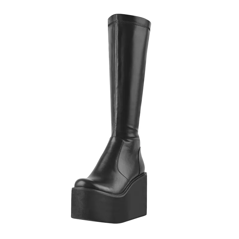 Plattform Rund Toe Wedges Stövlar Matte Black Knä High Boots Zipper Stor storlek