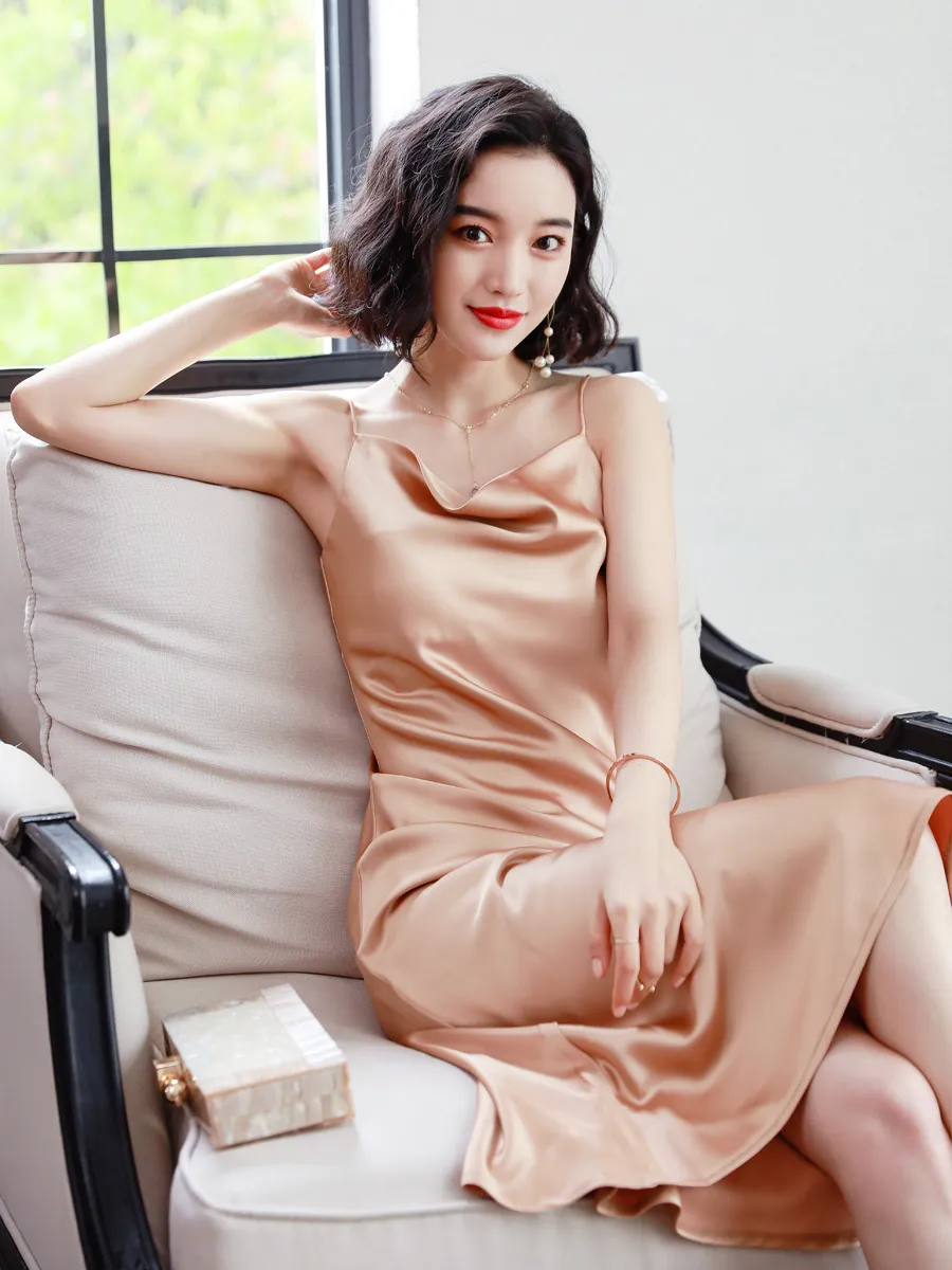 korean silk dress Korean Women's Dress: Elegant Silk V-Neck Dress with High Waist Strap