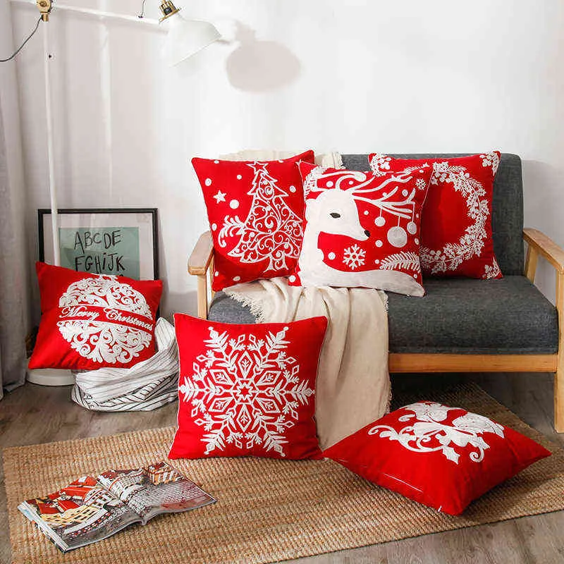 Red Christmas Embroidered Cushion Cotton Canvas Cartoon Crocheted Pillowcase Christmas Snowflake Elk Embroidered Throw Pillows 211110