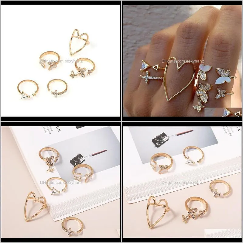 women rings set new vintage gold color ring sets 5pcs/set open size open adjustable cz zircon hollow heart butterfly rings