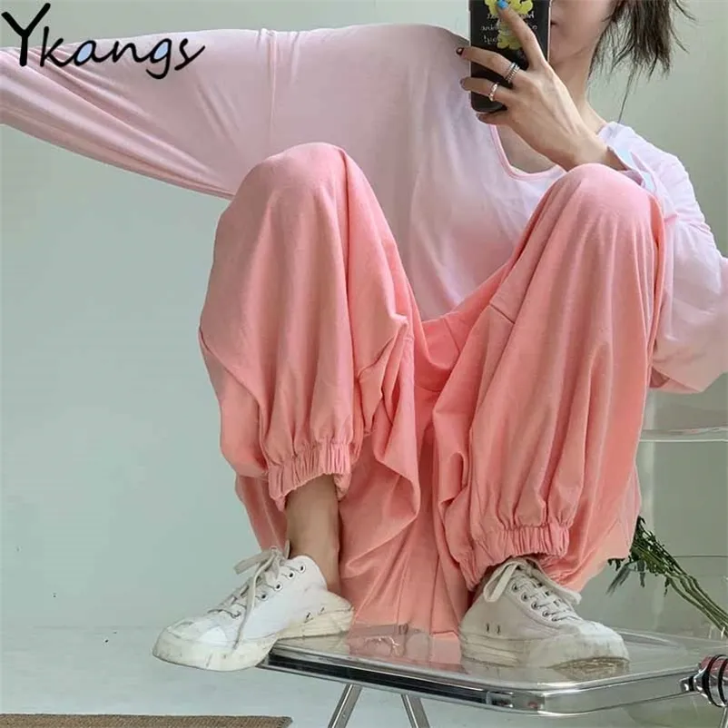 Kadın Elastik Yüksek Bel Joggers Pembe Mor Harem Pantolon Kadın Katı Artı Boyutu Gevşek Pantolon Harajuku Sweatpants Streetwear 210421