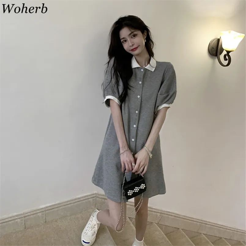 Casual Curto Buff Manga Camisa Vestido Mulheres Single-Breasted All Match Mini Vestidos Corean Chic Moda Robe Vestidos 210519