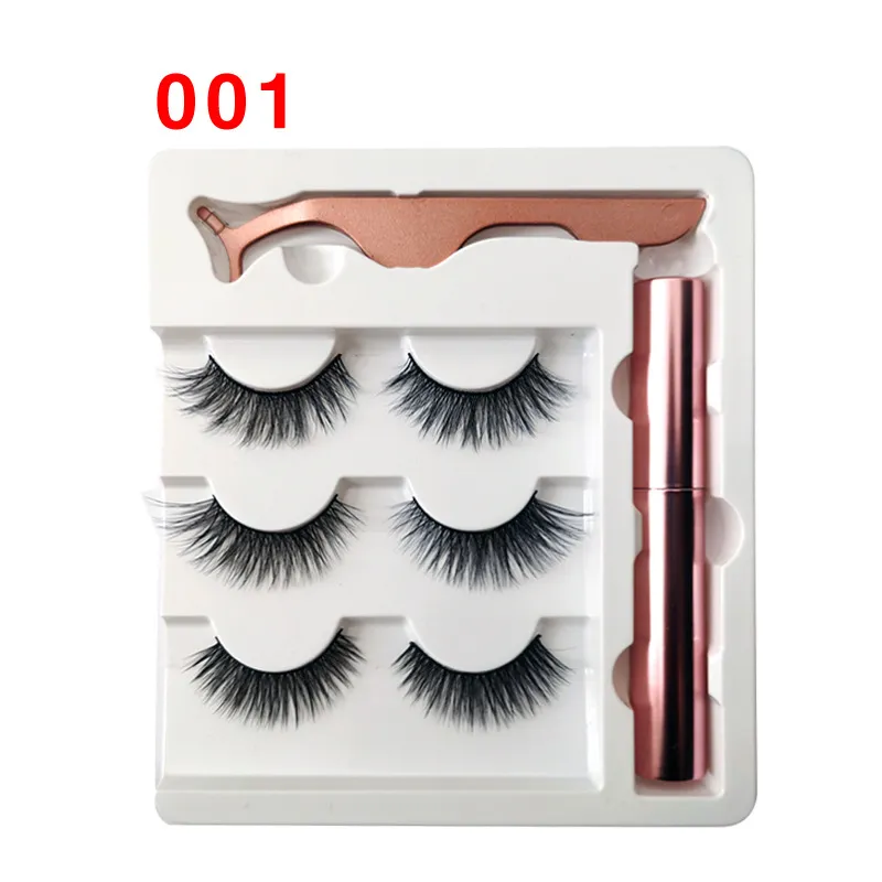 3Pairs magnetiska ögonfransar falska fransar + flytande eyeliner + tweezer eye makeup set 3d magnet i lager