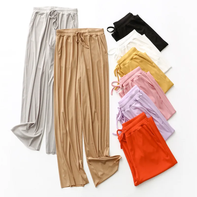 Women wide leg long Pants with pockets Summer Casual Soft Ice Silk Wide Leg elastic waist Trousers pants 210524