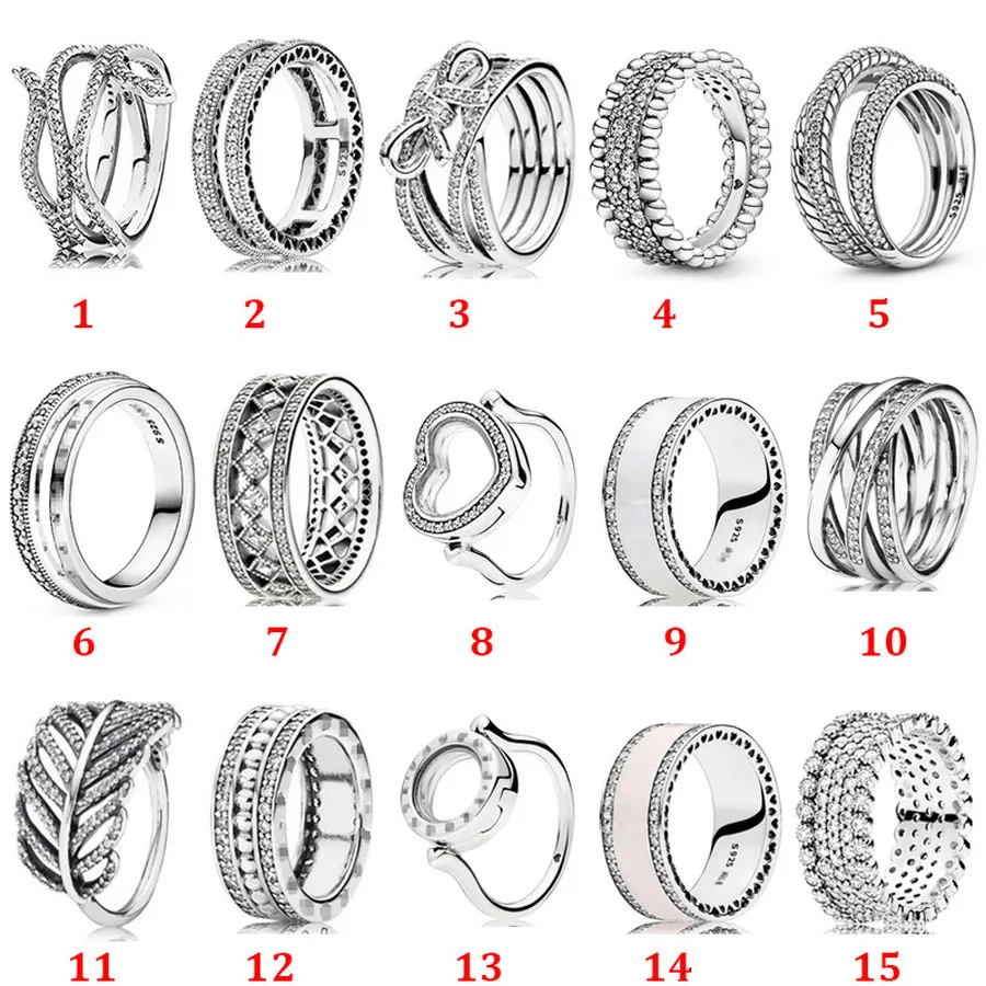 Designer Smycken 925 Silver Bröllopsring Pärla passar Pandora Snake Bone Chain Ring Shiny Heart Flow Cubic Zirconia Diamanter Europeisk stil Ringar Födelsedagspresent för damer