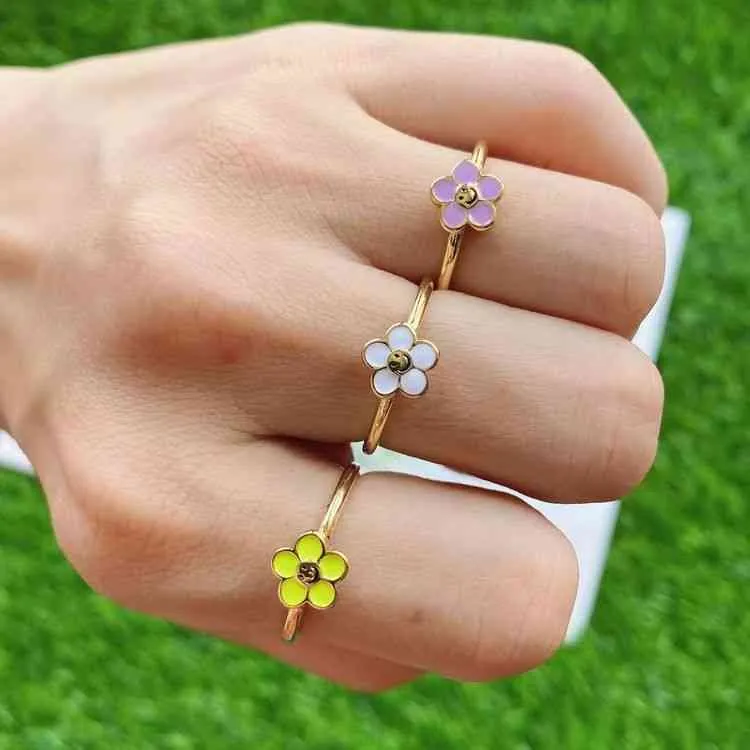 Bijoux en gros de vente directe d'usine, bagues réglables en émail tournesol avec sourire