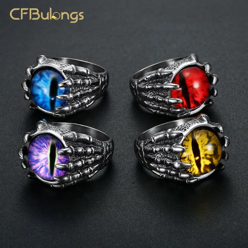 Cluster Rings CFBulongs 316L Stainless Steel Unique Red Zircon Dragon Claw Ring Fashion Men Jewelry Accessories Wholesale