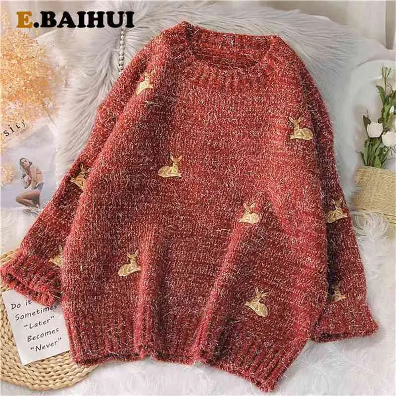 EBAIHUI Women's Kawaii Ulzzang Vintage College Deer Embroidery Sweater Female Korean Thick Cute Loose Harajuku Clothing 210806