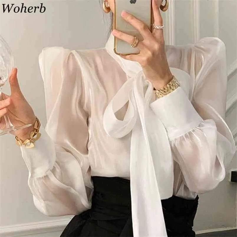 Women Shirts Spring Korean Blouses Elegant Temperament Ladies Tops Chic Bow See Through Puff Sleeve Blouse 4l267 210519