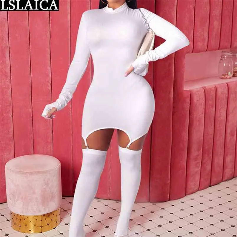 Seksowna sukienka Bodycon dla kobiet Moda Długi rękaw Rękawica Stojak Kołnierz Solidny Mini z Socks Skinny Party Club ES 210515