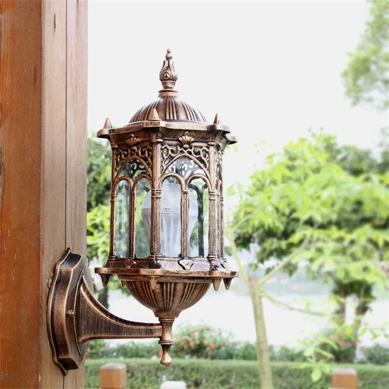 Antique Exterior Ściana Światła Oprawa Aluminiowa Szklana Latarnia Outdoor Garden Lampa 1368 V2