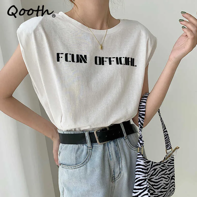 Qooth Oversized Letter Printed Solid Loose Shirt z podkładkami na ramię Moda bez rękawów Wszystkie mecz O-Neck Prosta koszulka QT754 210609