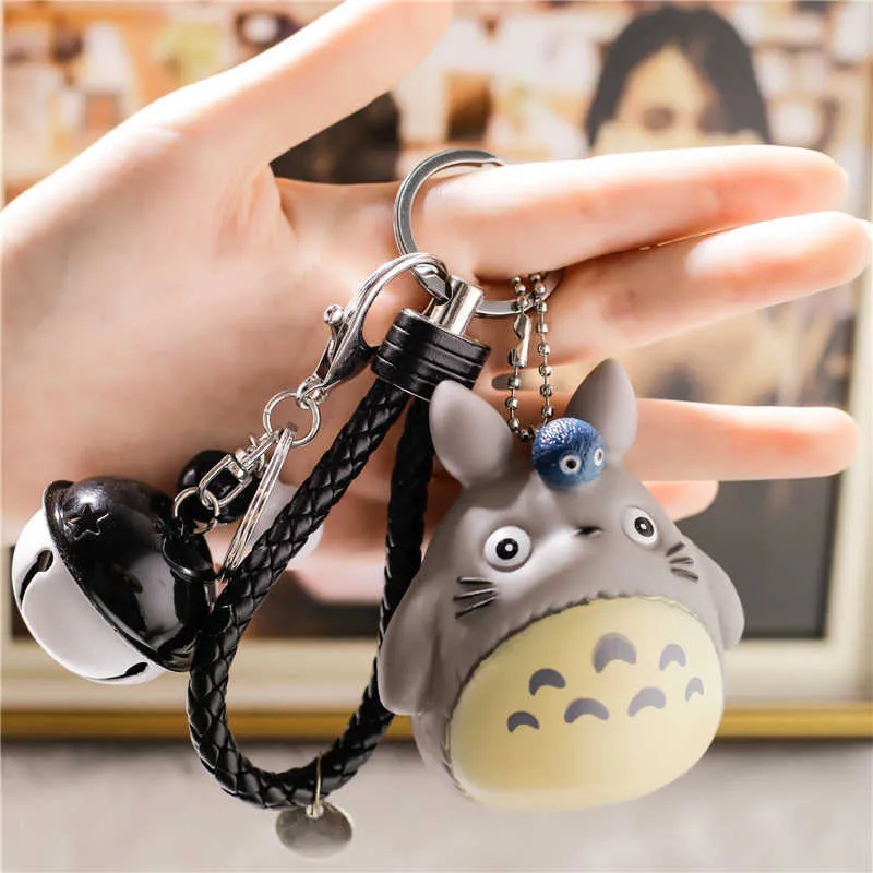 Anime Cute 3D Totoro Keychain Kawaii Cartoon Cat Bag Pendant Boy Girl Men Women Friends PVC Hand Rope Bell Key Gift Accessories G1019