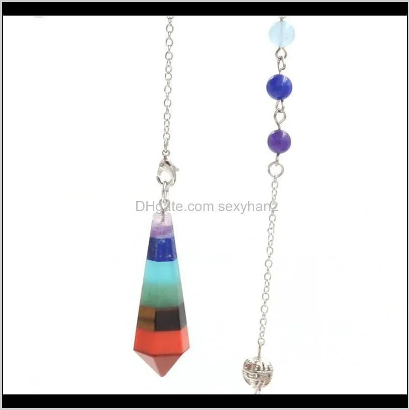 Rainbow 7 Chakra Natural Gem Stone Beads Chain Hexagon Prism Pendulum Reiki Charm Healing Layered Dowsing Pendant Jewelr qylqxb