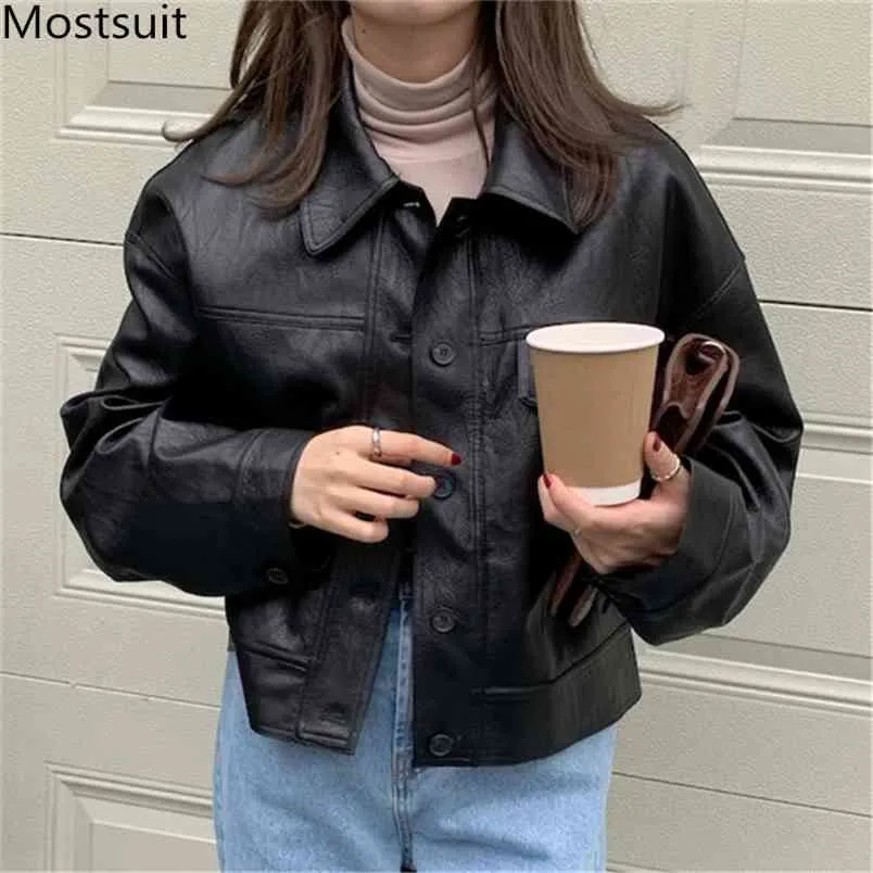 Pu Leather Women Coat Autumn Full Sleeve Single Breasted Turn-down Collar Jacekt Korean Cool Girl Fashion Tops Coats 210513