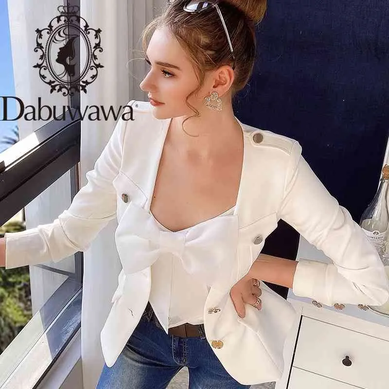 Dabuwawa Düğme Streetwear Katı Blazer Kadın Ofis Zarif Bayanlar Blazers Kadın Uzun Kollu Cep Bahar Mont DO1AJK002 210520