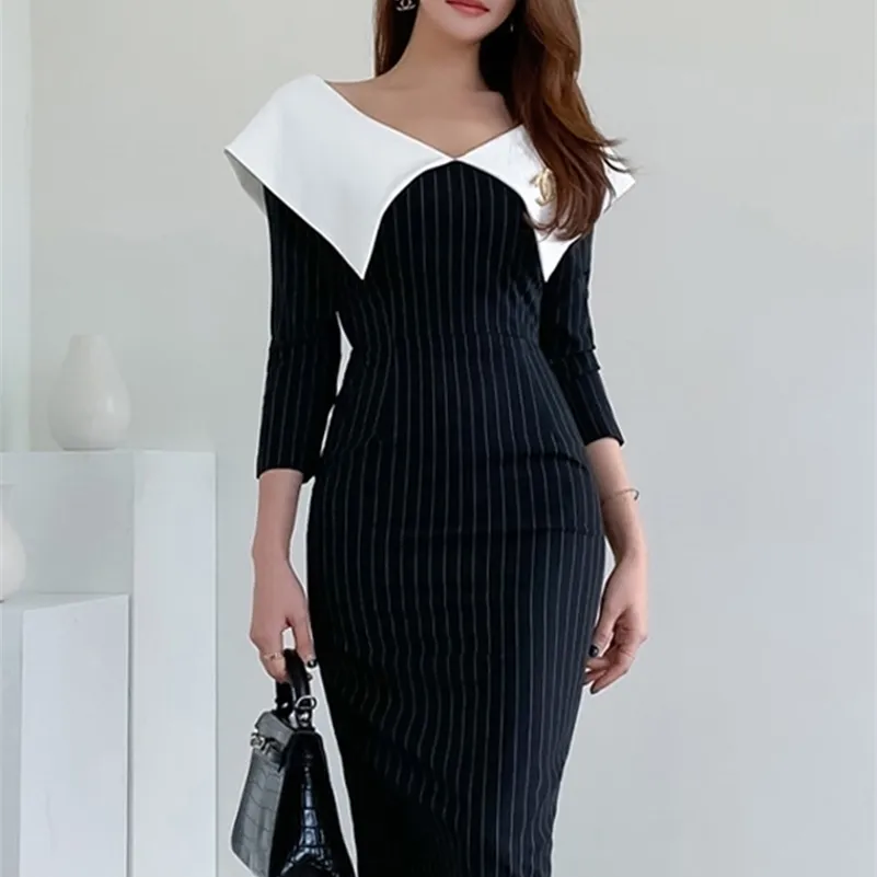 Autumn women's striped skirt V-neck open back split slim dress temperament light and mature 210416