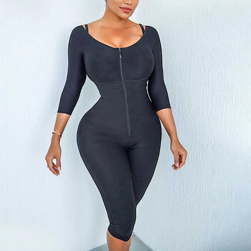 Kadın şekillendirme cilt shapewear sıkın faja postparto colombianas bodysuit diz kolu kontrol vücut şekli orta sıkı buifitter