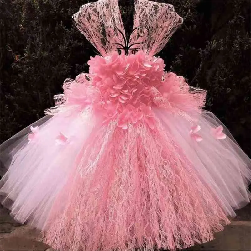 Девушки розовые лепестки кружева TUTU платье детские цветочные платья бальное платье с лентой лук детей рождественские свадебные вечеринки костюм платья 210331