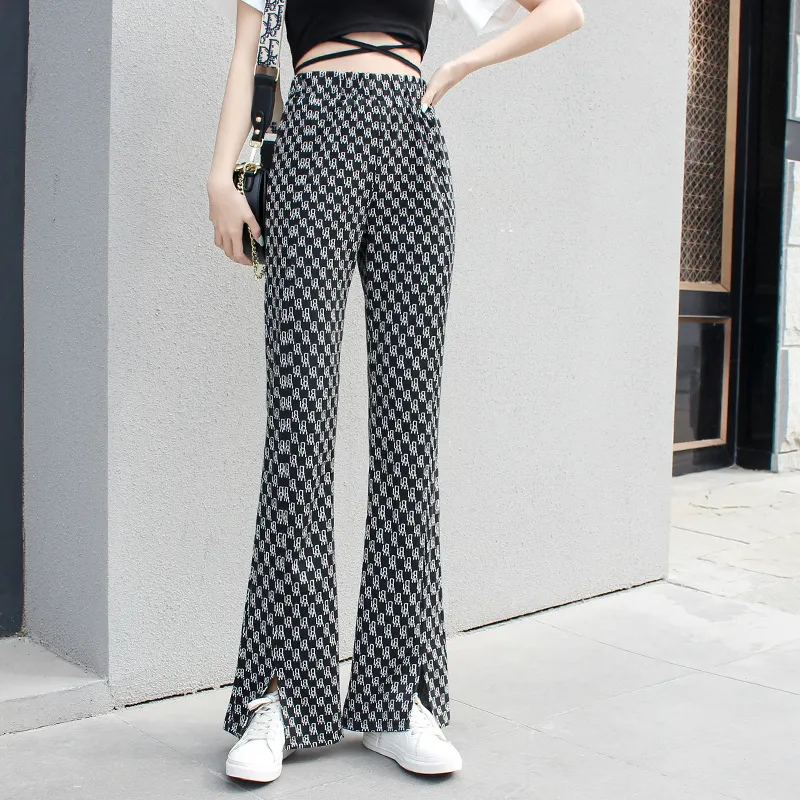 Primavera Casual Corea Chic Donna Versatile Split Pantaloni a gamba larga Elaxtic Vita Jeans con stampa a pannelli larghi 16W354 210510