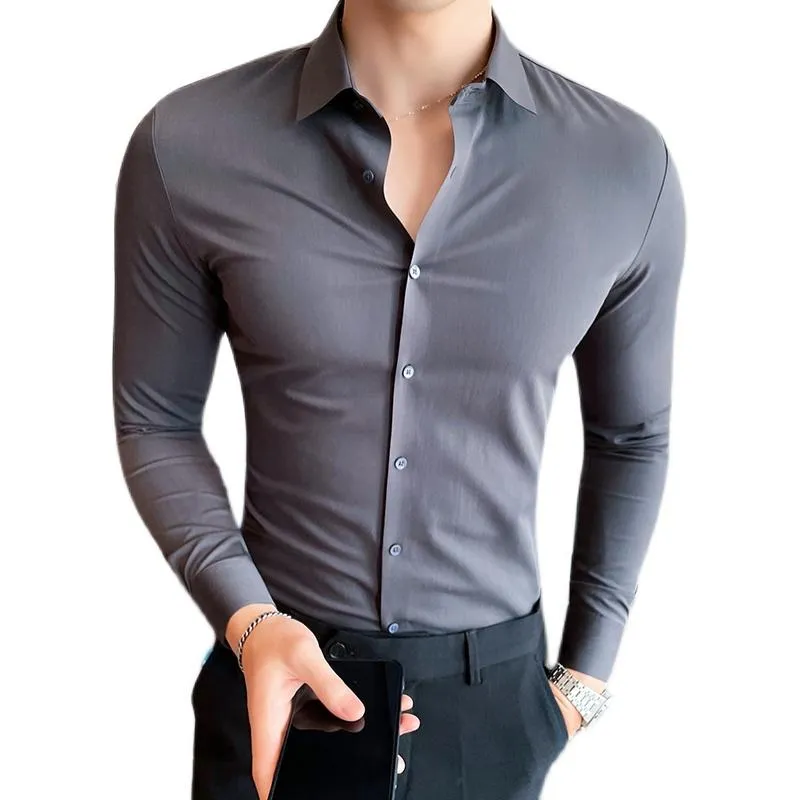 メンズカジュアルシャツ2021秋の非マーキングラミネートプロセスソリッドカラーノンアイアン長袖シャツスリムな男性