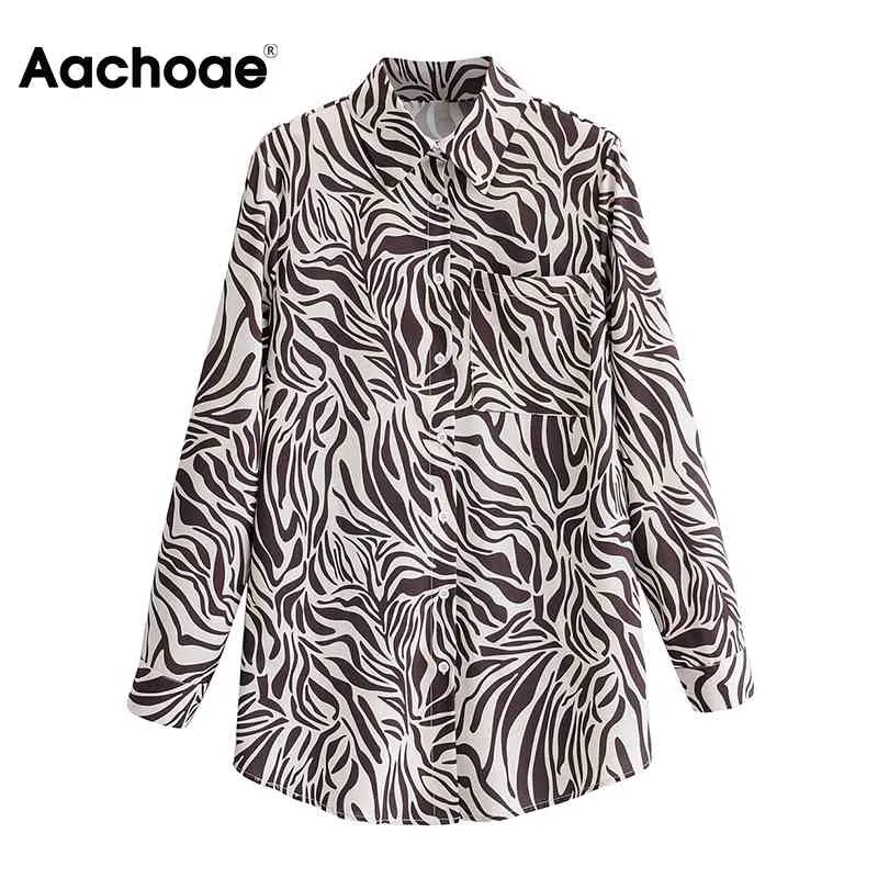 Casual Zebra Stripe Print Shirt Women Long Sleeve Ladies Tops Tunic Turn Down Collar Fashion Blouse Autumn Spring Blusas 210413