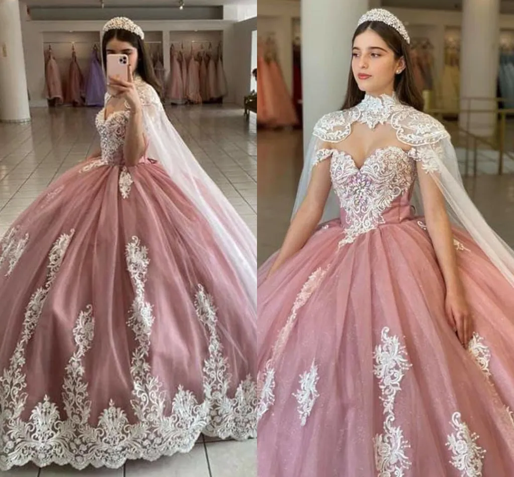 2022 vestido de quincea era de tul rosa claro con gorra marfil encaje fuera del hombro cuello alto desmontable abrigo Prom Sweet 16 vestidos