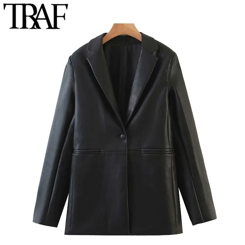 TRAF Mujer Moda Faux Cuero Sola Butter Blazers Abrigo Vintage Manga Larga Bolsillos Femenino Outerwear Chic Tops 210415