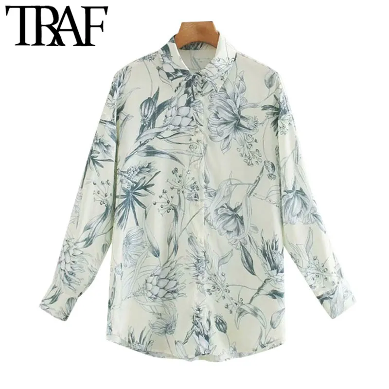 TRAF Women Fashion Floral Print Loose Blouses Vintage Long Sleeve Button-up Female Shirts Blusas Chic Tops 210415